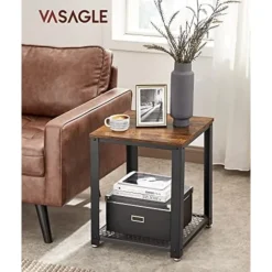Vasagle sidebord, industrielt endebord, sofabord, med metalram, let at samle, brun og sort