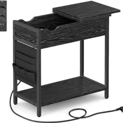 Vasagle sidebord med strømskinne, med USB-porte, sengebord, sort træeffekt