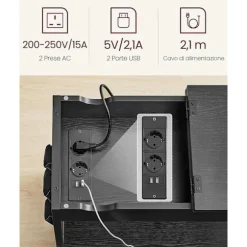 Vasagle sidebord med strømskinne, med USB-porte, sengebord, sort træeffekt