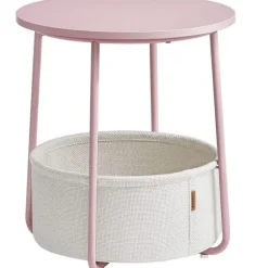 Vasagle sidebord, rundt sidebord med stofkurv, sengebord, pastelrosa/skyhvid