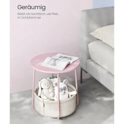 Vasagle sidebord, rundt sidebord med stofkurv, sengebord, pastelrosa/skyhvid