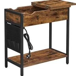 Vasagle sidebord, sammenklappeligt sengebord med stikkontakt, sammenklappelig bordplade, brun sort