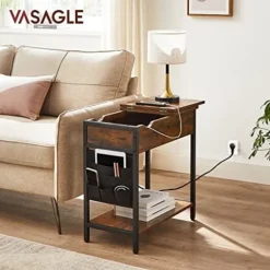 Vasagle sidebord, sammenklappeligt sengebord med stikkontakt, sammenklappelig bordplade, brun sort