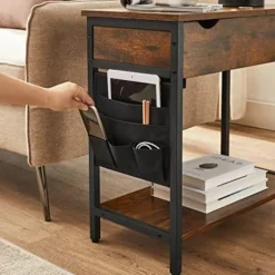 Vasagle sidebord, sammenklappeligt sengebord med stikkontakt, sammenklappelig bordplade, brun sort