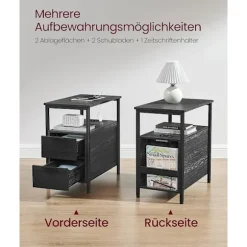 Vasagle sidebord, sengebord med stikkontakt, 2 skuffer, sofabord, sengebord, antracitgrå klassisk sort