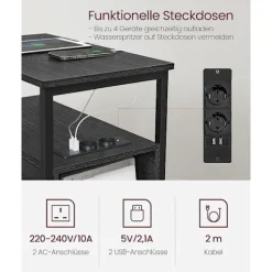 Vasagle sidebord, sengebord med stikkontakt, 2 skuffer, sofabord, sengebord, antracitgrå klassisk sort