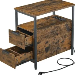 Vasagle sidebord, sengebord med stikkontakt, 2 skuffer, sofabord, sengebord, vintage brun/sort