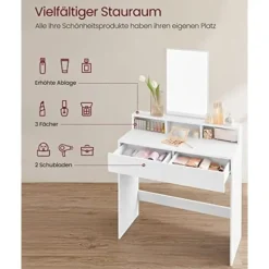 VASAGLE Sminkbord med stort rektangulært spejl, hvid