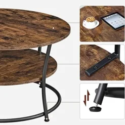 Vasagle sofabord, rundt cocktailbord med hylde, rustik brun