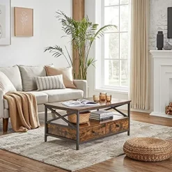 VASAGLE sofabord, stuebord, X-formet stålstel, 100 x 55 x 45 cm, brun og sort