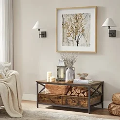 VASAGLE sofabord, stuebord, X-formet stålstel, 100 x 55 x 45 cm, brun og sort