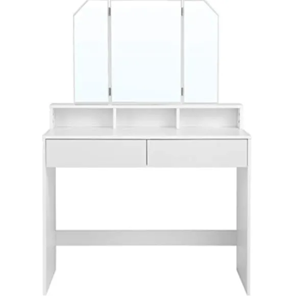 Vasagle toiletbord med tri-fold spejl, makeupbord med 2 skuffer og 3 åbne rum, hvid