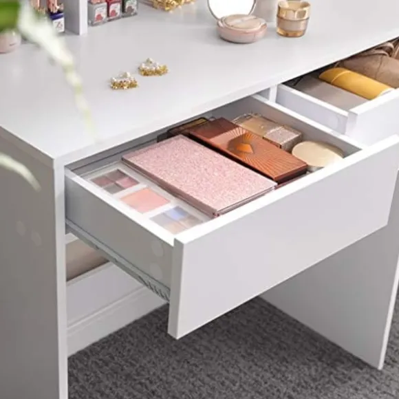 Vasagle toiletbord med tri-fold spejl, makeupbord med 2 skuffer og 3 åbne rum, hvid
