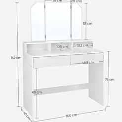 Vasagle toiletbord med tri-fold spejl, makeupbord med 2 skuffer og 3 åbne rum, hvid
