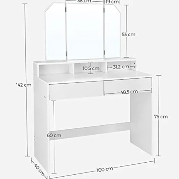 Vasagle toiletbord med tri-fold spejl, makeupbord med 2 skuffer og 3 åbne rum, hvid
