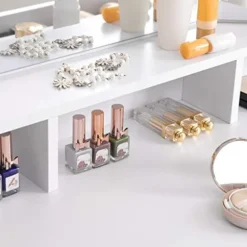 Vasagle toiletbord med tri-fold spejl, makeupbord med 2 skuffer og 3 åbne rum, hvid