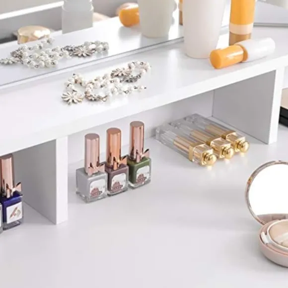Vasagle toiletbord med tri-fold spejl, makeupbord med 2 skuffer og 3 åbne rum, hvid