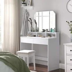 Vasagle toiletbord med tri-fold spejl, makeupbord med 2 skuffer og 3 åbne rum, hvid
