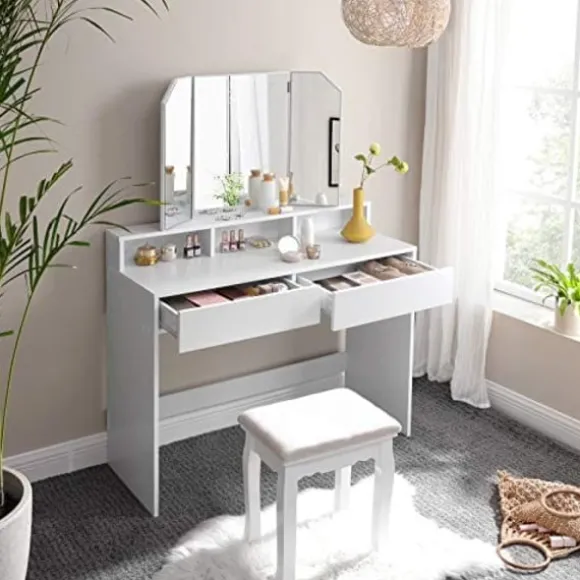 Vasagle toiletbord med tri-fold spejl, makeupbord med 2 skuffer og 3 åbne rum, hvid