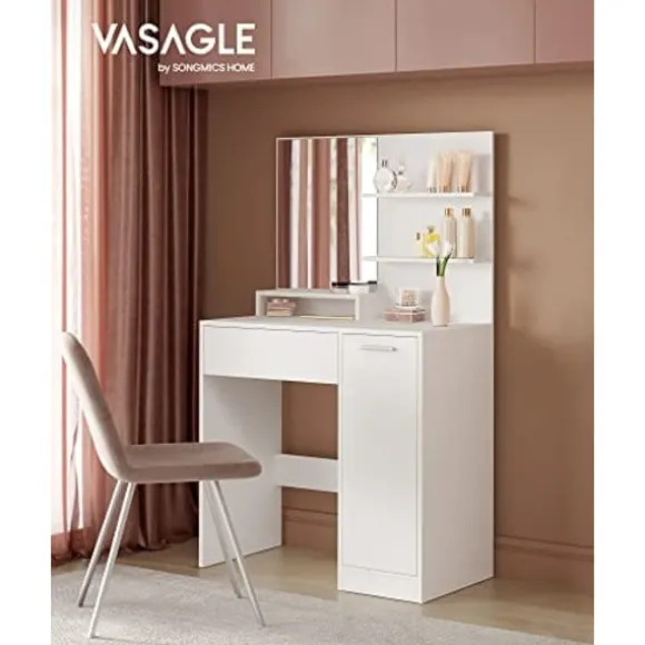Vasagle toiletbord, sminkbord, forfængelighedsbord med spejl, 1 skuffe, 2 hylder, hvid