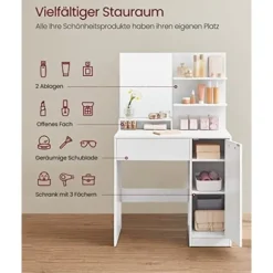 Vasagle toiletbord, sminkbord, forfængelighedsbord med spejl, 1 skuffe, 2 hylder, hvid