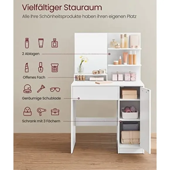 Vasagle toiletbord, sminkbord, forfængelighedsbord med spejl, 1 skuffe, 2 hylder, hvid
