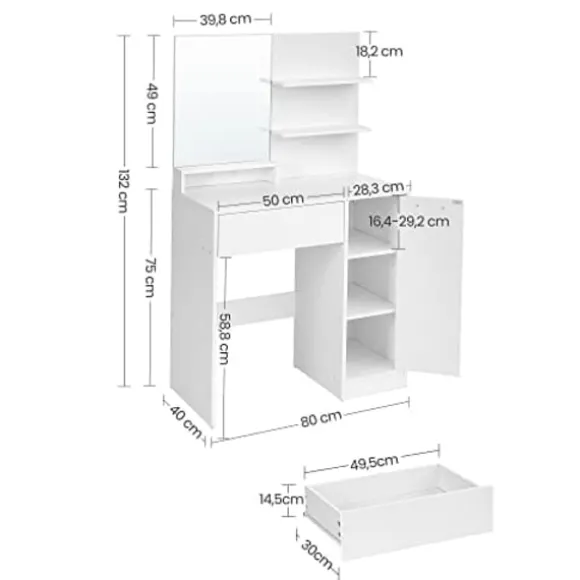 Vasagle toiletbord, sminkbord, forfængelighedsbord med spejl, 1 skuffe, 2 hylder, hvid