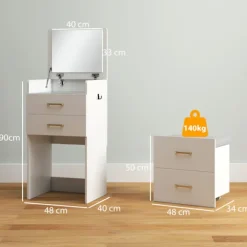 Vaskebordssæt med spejl, natbord, skammel, hvid