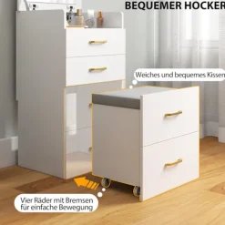 Vaskebordssæt med spejl, natbord, skammel, hvid
