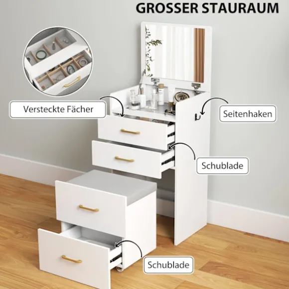Vaskebordssæt med spejl, natbord, skammel, hvid