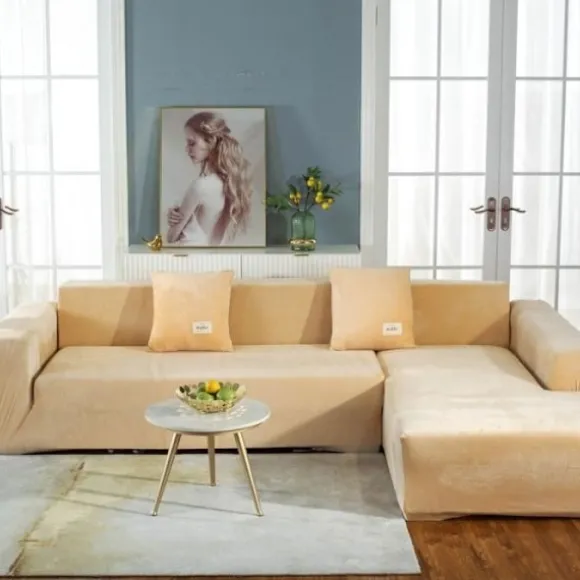 Velour Sofabetræk, Blødt Velour Plys Sofabetræk til Sofa, L Type 2+3 Sæder, Beige