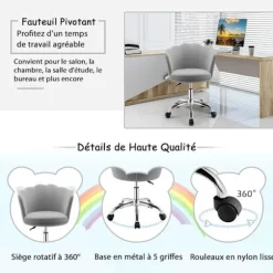 Velvet Swivel Kørestol - COSTWAY - Kronbladsform - Justerbar Højde - Grå Grå
