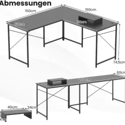 Vendbart L-formet skrivebord med ladestation, grå