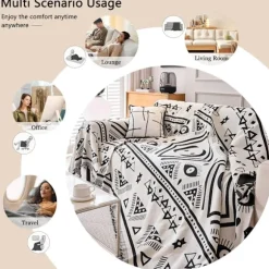 Vendbart sofabetræk Chenille Jacquard Geometrisk Boho Sofabetræk, Beige Sort Sofa Betræk til Sektionssofa Chic Møbelbeskyttelse 180x150-FQ6-