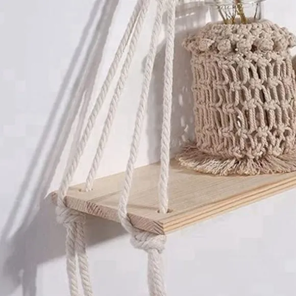 Væg hylde, Boho hylder med træhylde, 2 håndlavede makrame hylder til hængende planter og dekoration