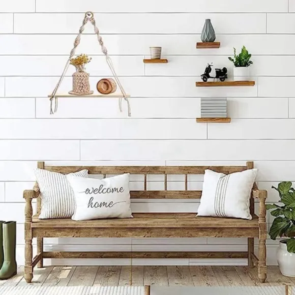 Væg hylde, Boho hylder med træhylde, 2 håndlavede makrame hylder til hængende planter og dekoration