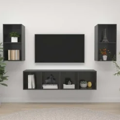 Væghængt TV-møbel - Eksklusiv Hus - Glansgrå - Ingeniørtræ - Sæt af 4 (37x37x72 cm) Glänsande grå