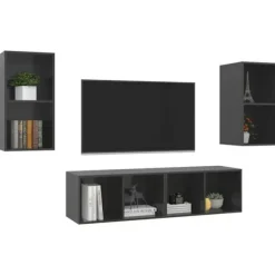 Væghængt TV-møbel - Eksklusiv Hus - Glansgrå - Ingeniørtræ - Sæt af 4 (37x37x72 cm) Glänsande grå