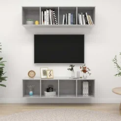 Væghængt TV-møbel - Eksklusiv Hus - Betongrå - Ingeniørtræ - Sæt af 2 Betonggrå