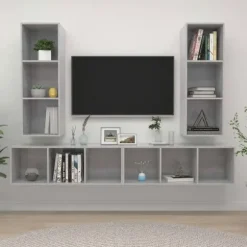 Væghængt TV-møbel - Eksklusivt Hus - Sæt med 4 dele - Betongrå - Ingeniørtræ Betonggrå