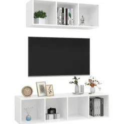Væghængt TV-møbel - Exclusive Home Sæt - 2 dele - Mat hvid - Ingeniørtræ - Stor opbevaring Matt vit