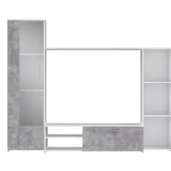Væghængt tv-møbel - Mat hvid og lys beton - glasdør + 5 nicher - Moderne - L 220,4 x D41,3 x H177,5 cm - PILVI Matt vit / ljusgrå betonglook