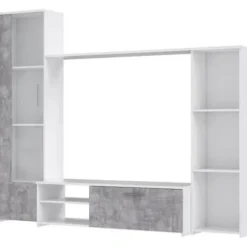 Væghængt tv-møbel - Mat hvid og lys beton - glasdør + 5 nicher - Moderne - L 220,4 x D41,3 x H177,5 cm - PILVI Matt vit / ljusgrå betonglook