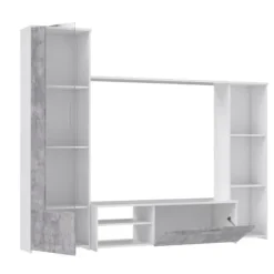 Væghængt tv-møbel - Mat hvid og lys beton - glasdør + 5 nicher - Moderne - L 220,4 x D41,3 x H177,5 cm - PILVI Matt vit / ljusgrå betonglook