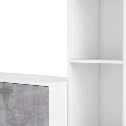 Væghængt tv-møbel - Mat hvid og lys beton - glasdør + 5 nicher - Moderne - L 220,4 x D41,3 x H177,5 cm - PILVI Matt vit / ljusgrå betonglook