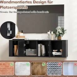Vægmonteret svævende skrivebord med opbevaring, sort, 2 døre