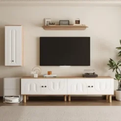 【Vindue 3-lg. Hvid】 Highboard, 2 skabe & vægplade med træaccenter & udskæringer White