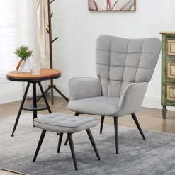 Vingestol med skammel, lænestol, afslapningsstol, polstret stol med fløjlslook, tv-stol, spisestuestol op til 120 kg, lysegrå