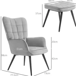 Vingestol med skammel, lænestol, afslapningsstol, polstret stol med fløjlslook, tv-stol, spisestuestol op til 120 kg, lysegrå