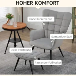 Vingestol med skammel, lænestol, afslapningsstol, polstret stol med fløjlslook, tv-stol, spisestuestol op til 120 kg, lysegrå
